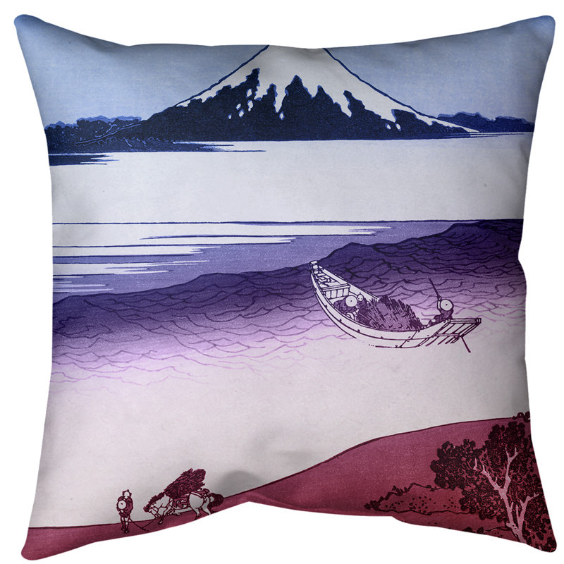 Coussin décoratif Katsushika Hokusai Tama River dans la province de Musashi, 14 po x 14 po, Bleu / Rose, Sergé de coton