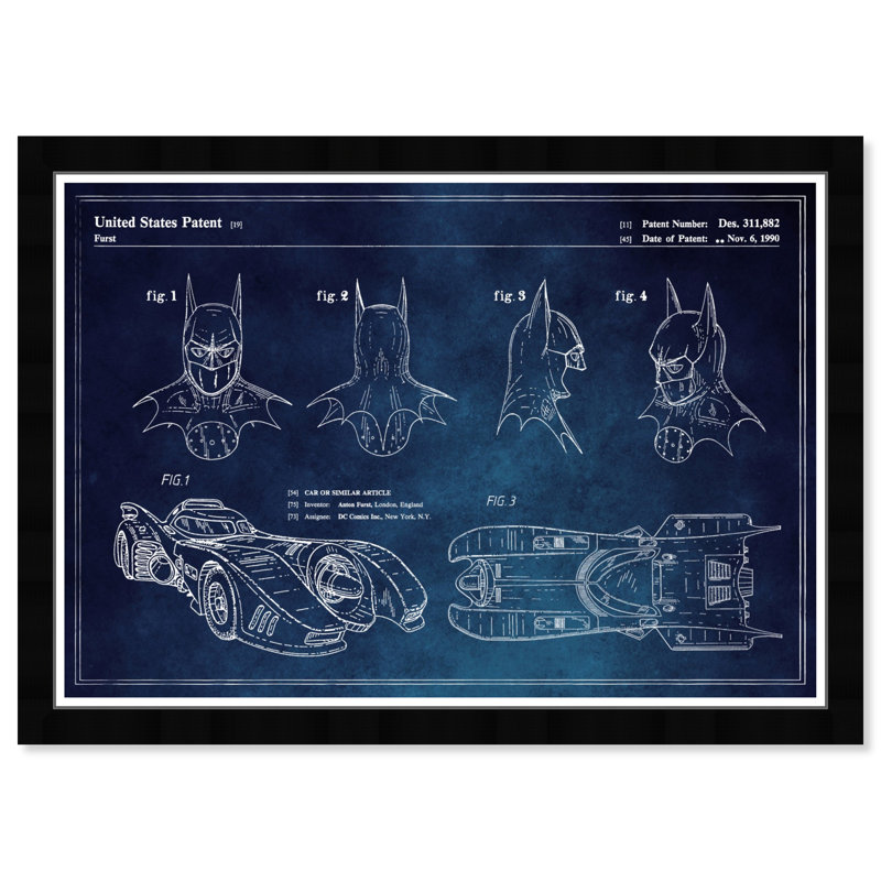 «Batmobile and Accessories 1990 Chalkboard Jouets» - Reproduction d'art graphique sur papier encadré