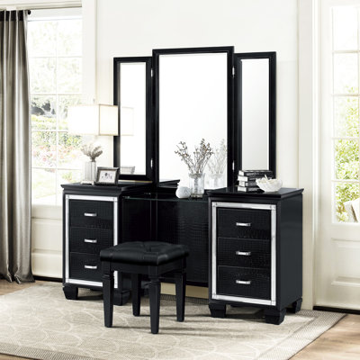 Tabouret de meuble-lavabo de luxe pour chambre à coucher, 1 pièce avec finition noire, siège rembourré en similicuir, dimensions de 17 po x 17 po, structure en bois, capitonnage moderne en mousse, taille du siège,
