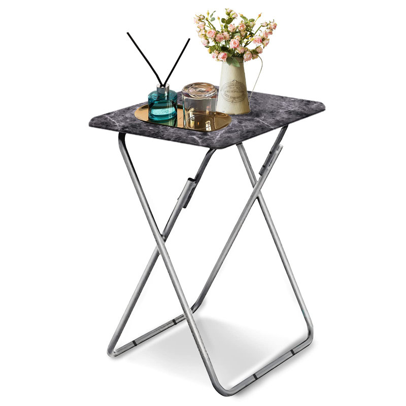 Imitation Marble Multifunctional Folding Tray Table - Portable, Space-Saving, Ideal For Dining And Lounging, Grey/Silver