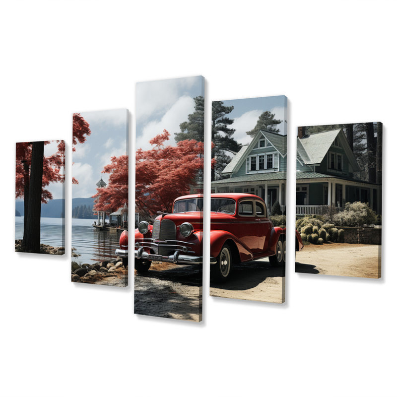 «Lakehouse Vintage Lakeside Charm», reproduction d'art sur toile - 5 panneaux
