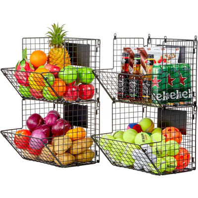 Metal Wire Basket Wall Mount, 4 Tier Extra Large Wall Storage Basket Organizer with Chalkboards, Kitchen Fruits and Vegetables Produce Bin Rack Toys Organizer Bathroom Tower Baskets (Black)