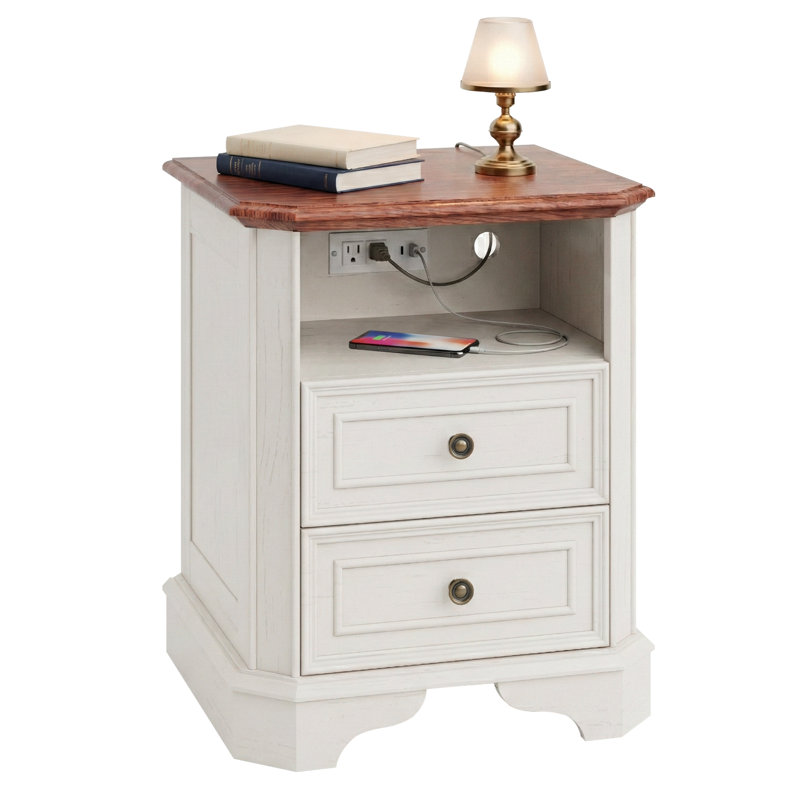 24"  Traditional Nightstand with Charging Station, Distressed White, Individual