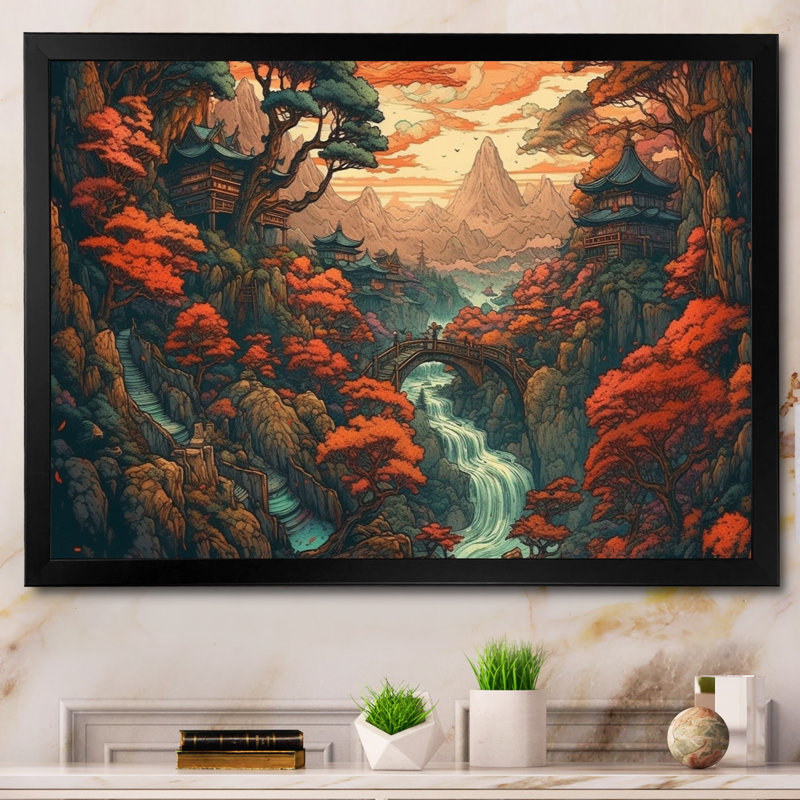 Ryilee " Cascading Japenese Maple Trees I ", Black Picture Framed, 12" H x 20" W x 1" D