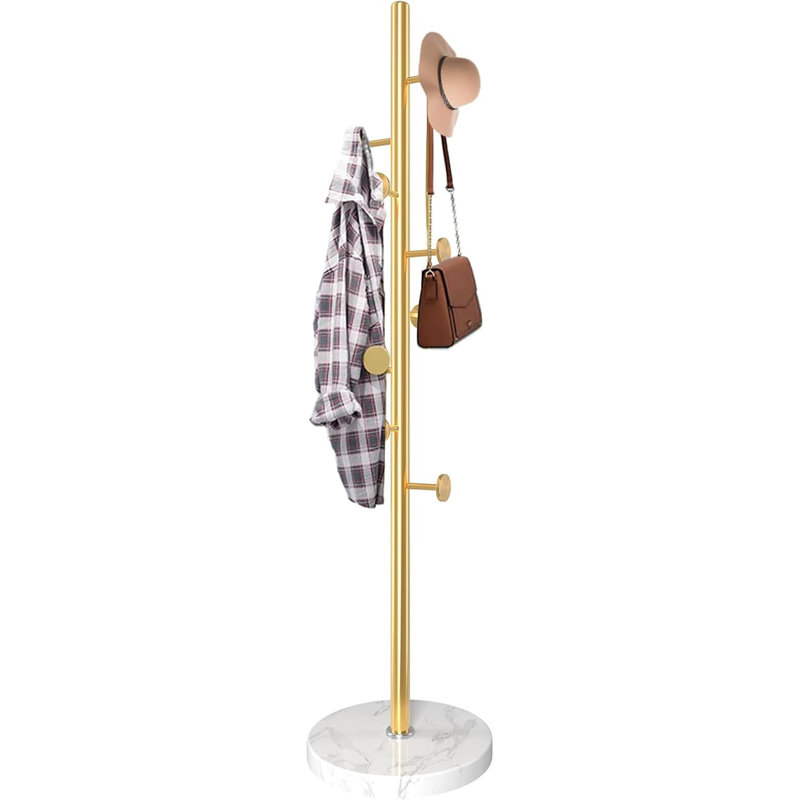 Portemanteau autoportant en métal doré avec base en marbre naturel, 3 hauteurs réglables et 8 crochets arrondis