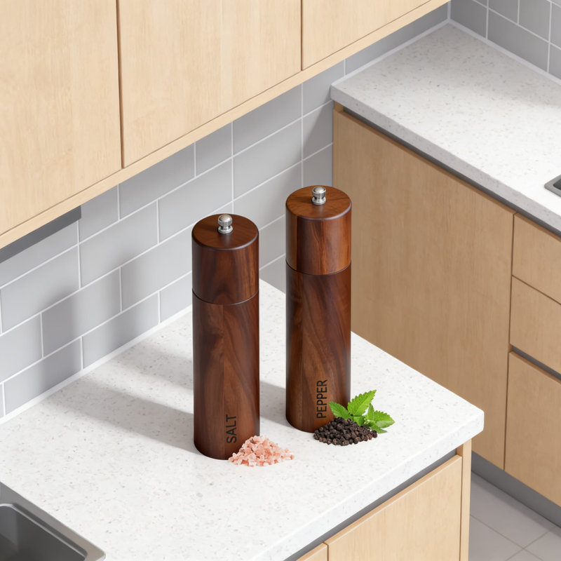 Ensemble de moulins à sel et à poivre en bois d'acacia - 2 moulins rechargeables avec moulin en céramique réglable, cuisine de 8 pouces et vaisselle