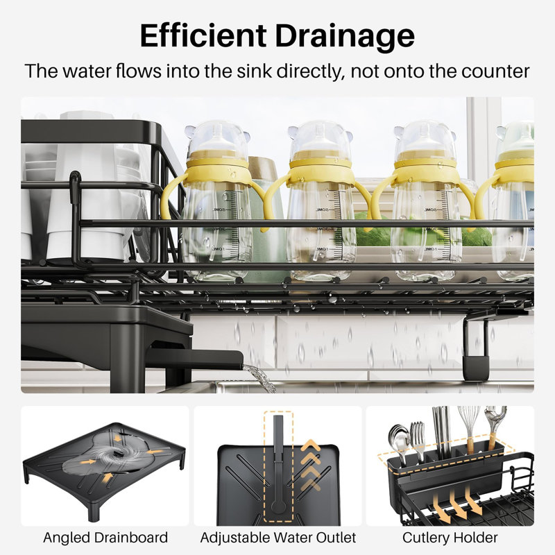 Extendable Dish Rack, Large Sink Drying Dish Drainer For Kitchen Counter, Matte Black