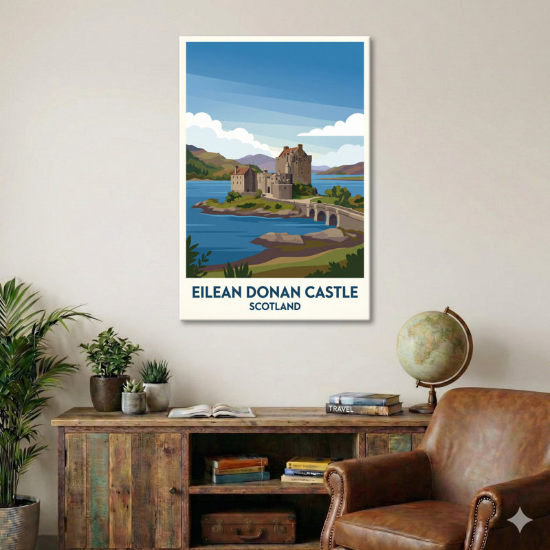 Eilean Donan Castle, Scotland - Romantic Highlands Travel Poster Print. Giclee Print On Wrapped Canvas. Wall Art, Home Decor - Castles & Palaces, Scotland - Wrapped Canvas Print