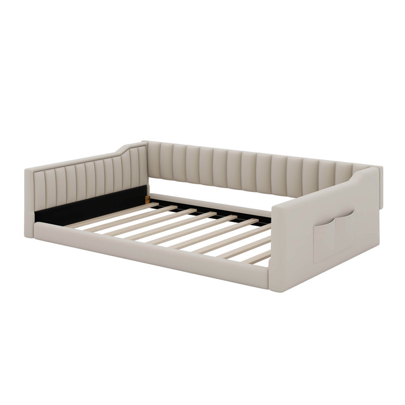 Upholstery Daybed With Side Storage Pocket, Full XL, Beige