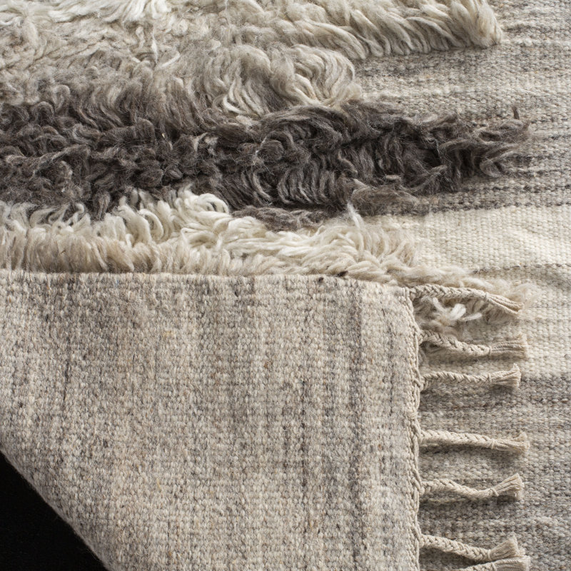 Tapis abstrait en laine / coton noué à la main Bakerhill ivoire / gris, Rectangle 9 pi x 12 pi