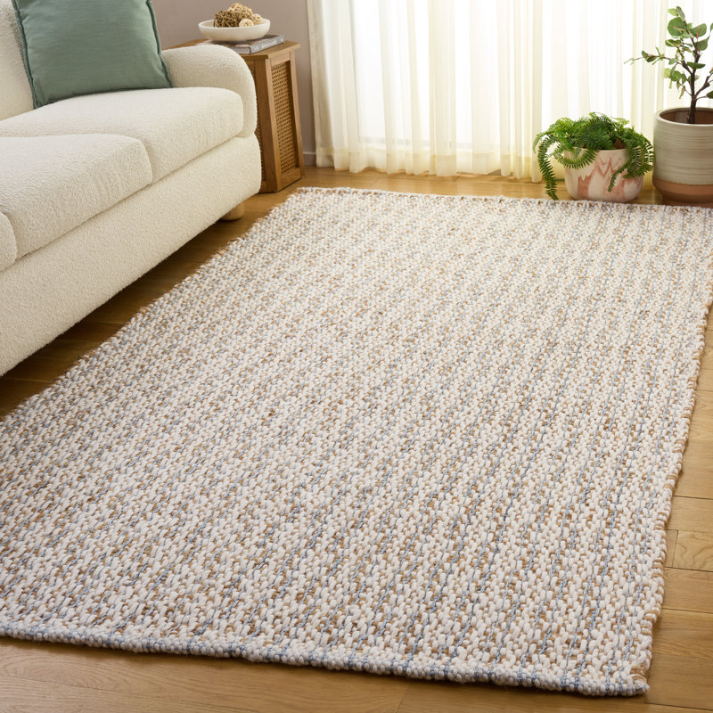 Natural Fiber 225 Hand Loomed Jute/Wool/Pet No Pattern Rug in Natural/Light Blue, Rectangle 5' x 8'