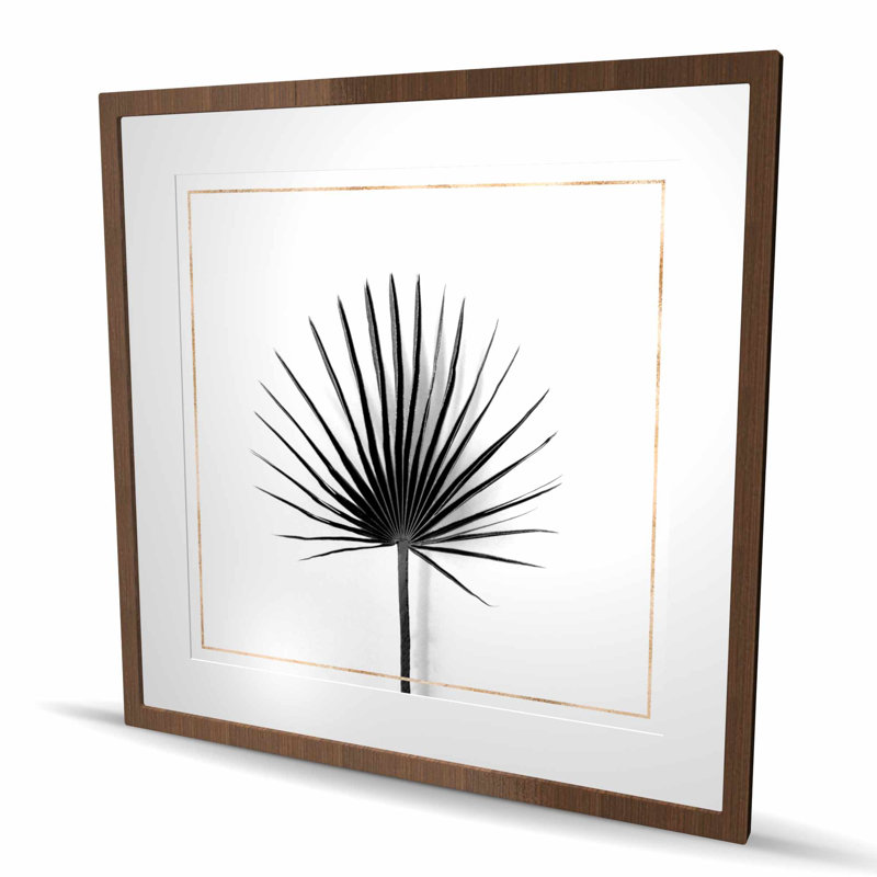 Impression de feuille de palmier chou avec lignes dorées - décor encadré noir, H 36 po x l 36 po, Brun