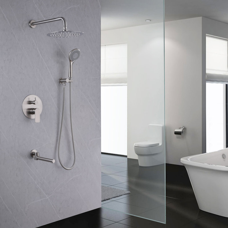 Système de douche à pluie à pression équilibrée mural moderne 10 po avec douchette pivotante et douche à main, Brushed Nickel