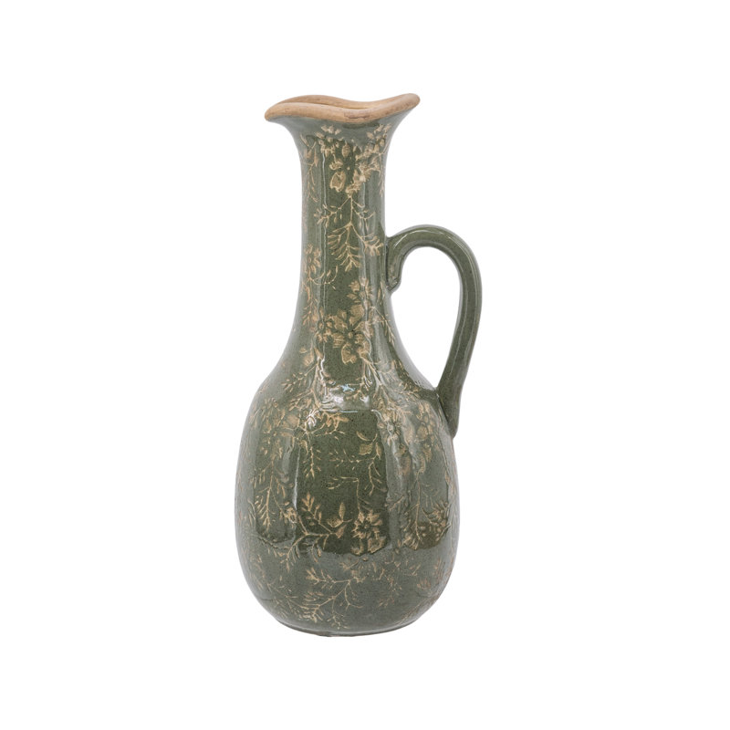 6X5X12" Ceramic Pitcher Vase With Olive Green Finish And Floral Motifs, 12.2" H x 5.9" W x 5.1" D