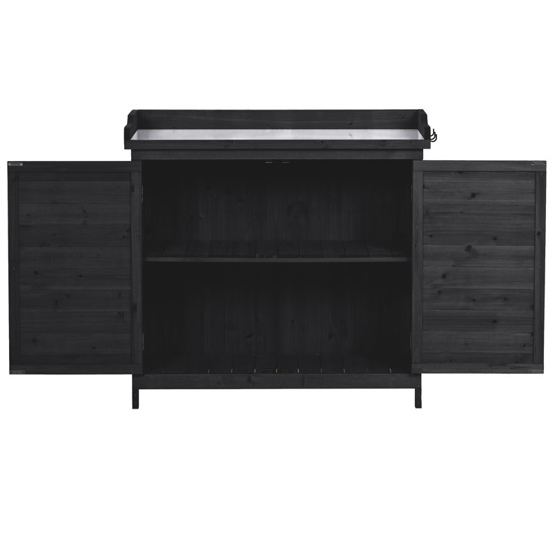 Banc de rempotage extérieur 39 po, poste de travail en bois rustique avec armoire de rangement et crochet latéral, Noir