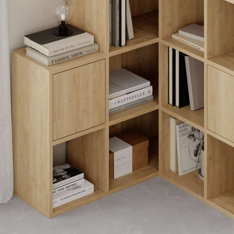 Anyila Corner Bookcase with Modular Cube Design Open and Concealed Shelves Push-to-Open Doors Modern Ladder-Style, Oak