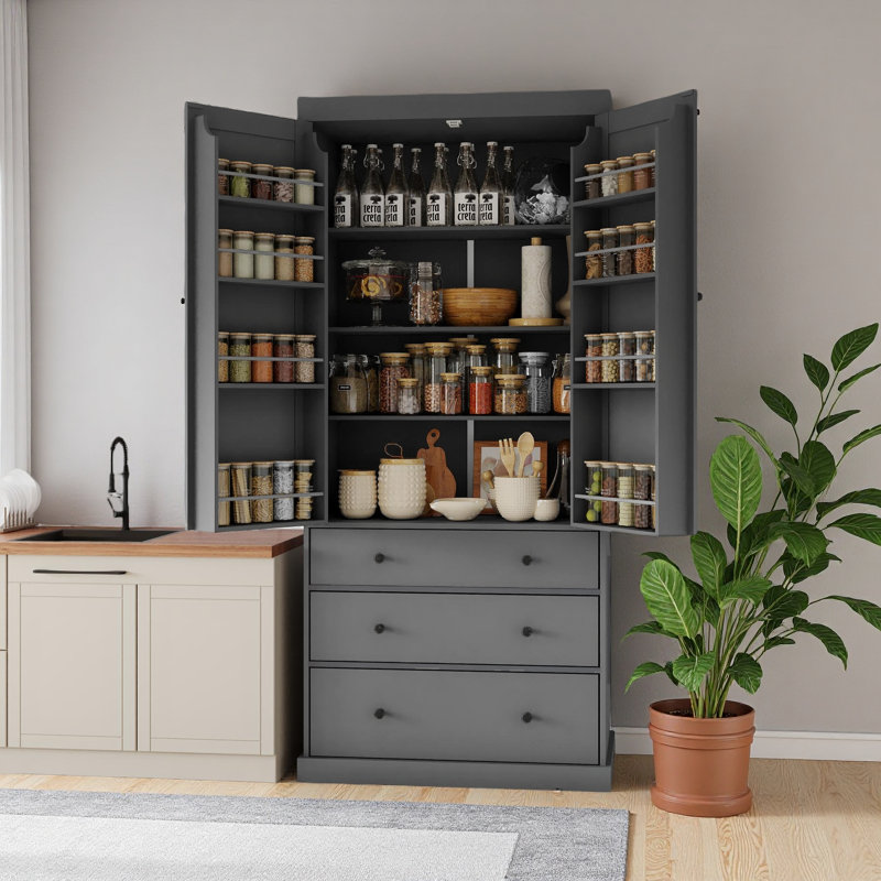 Armoire de cuisine 77 pouces Farmhouse, grande armoire de rangement autoportante avec 3 tablettes réglables, 8 tablettes de porte, 3 tiroirs pour la cuisine