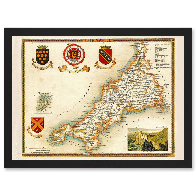 Map Antique Moule 1850 Cornwall County England UK - Single Picture Frame Print