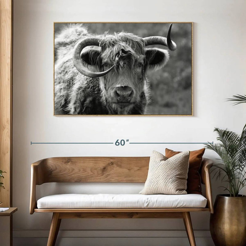 Monochrome Highland Cow, 46" X 31", Floating Frame Natural Wood