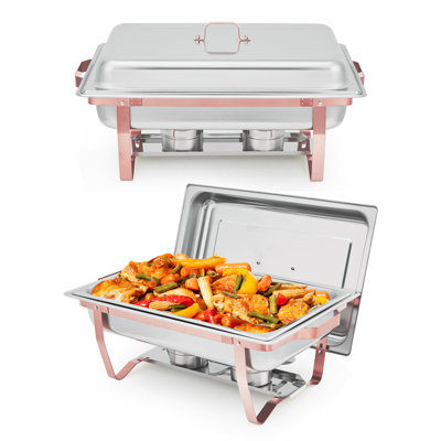 Ensemble de 2 chauffe-plats pour buffet, 8 pintes (7,6 L), avec couvercle et cadre pliable, chauffe-plats rectangulaires en acier inoxydable pour réceptions, mariages et traiteurs, or rose