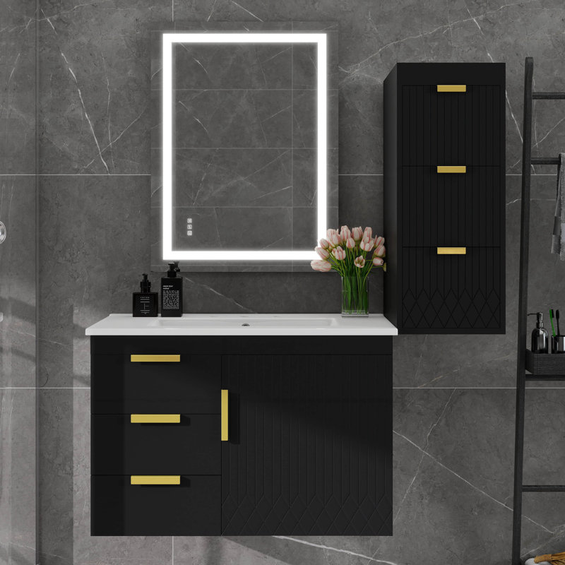 Meuble-lavabo 30 po avec lavabo et armoire latérale, meuble-lavabo flottant simple moderne avec tiroirs, Noir