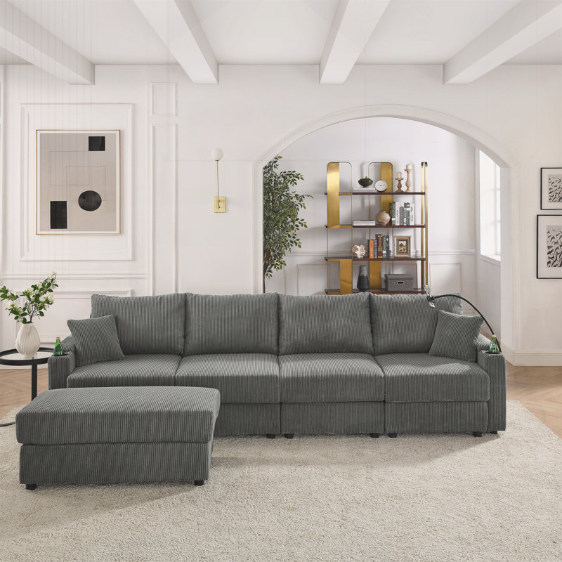 Canapé modulaire en L avec repose-pieds Demarco, Velours côtelé gris