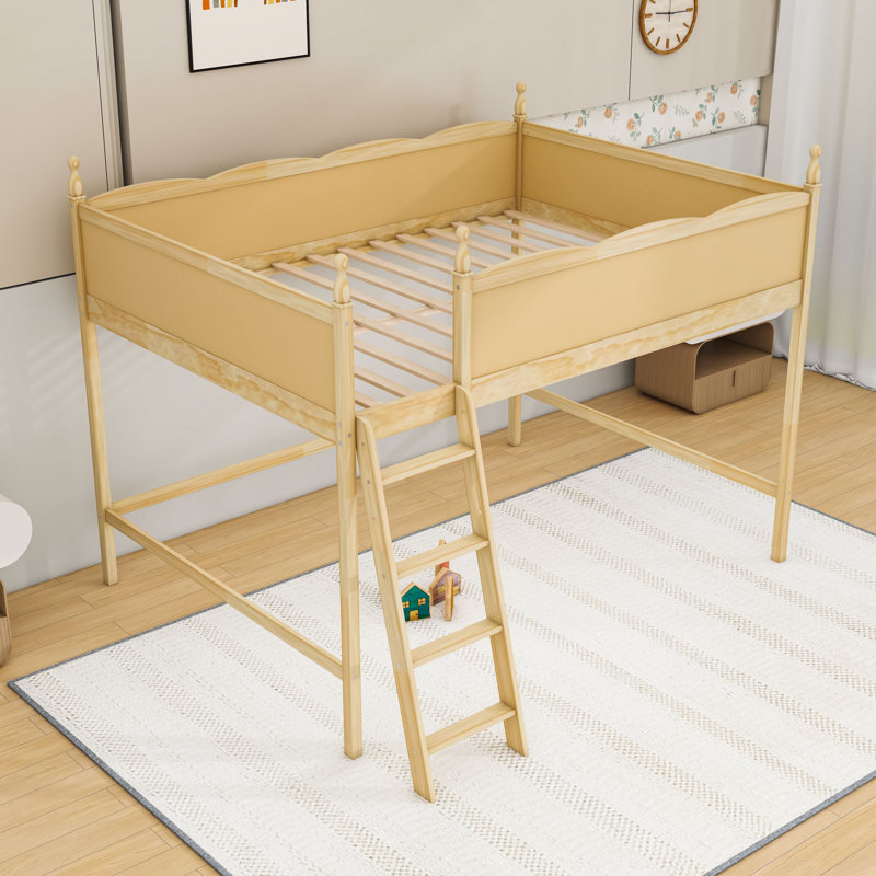 Lit mezzanine double en bois avec échelle et garde-corps, Lit double, Naturel