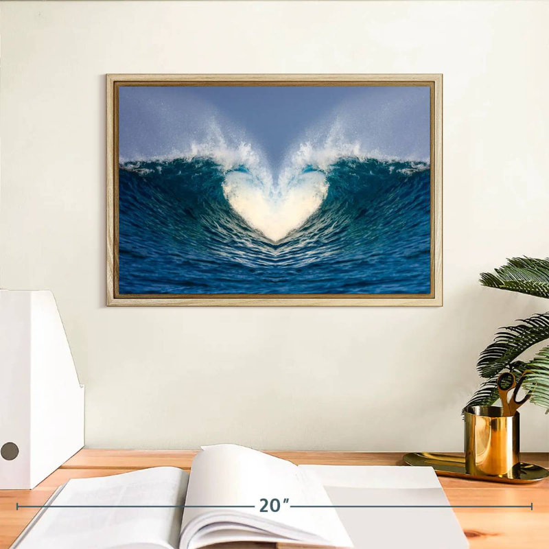 Vague de cœur océanique, Cadre flottant en bois naturel, 13 po x 9 po