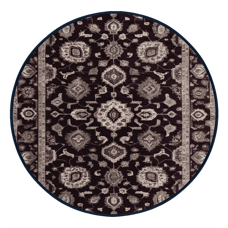 Machine Washable Tabriz Black Area Rug, Round 6'