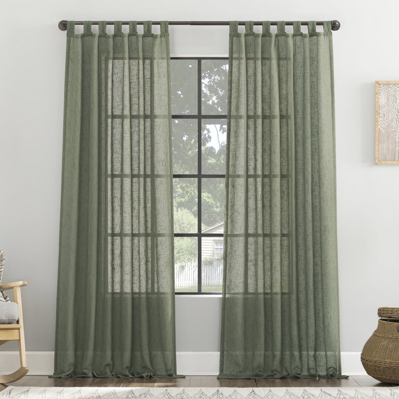 Holtz Linen Burlap Weave Linen Blend Sheer Tab Top Curtain Panel, Moss Green, 50" W x 84" L