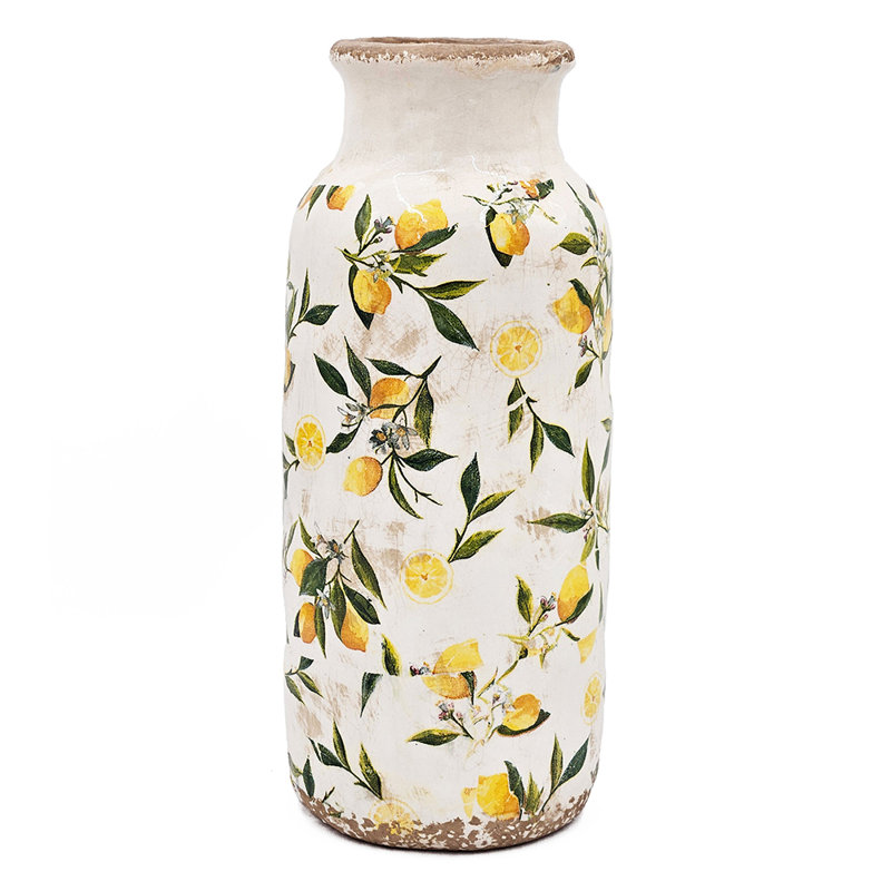 Vase en céramique blanche avec motif jaune citron, H 14,8 po x l 6,3 po x P 6,3 po