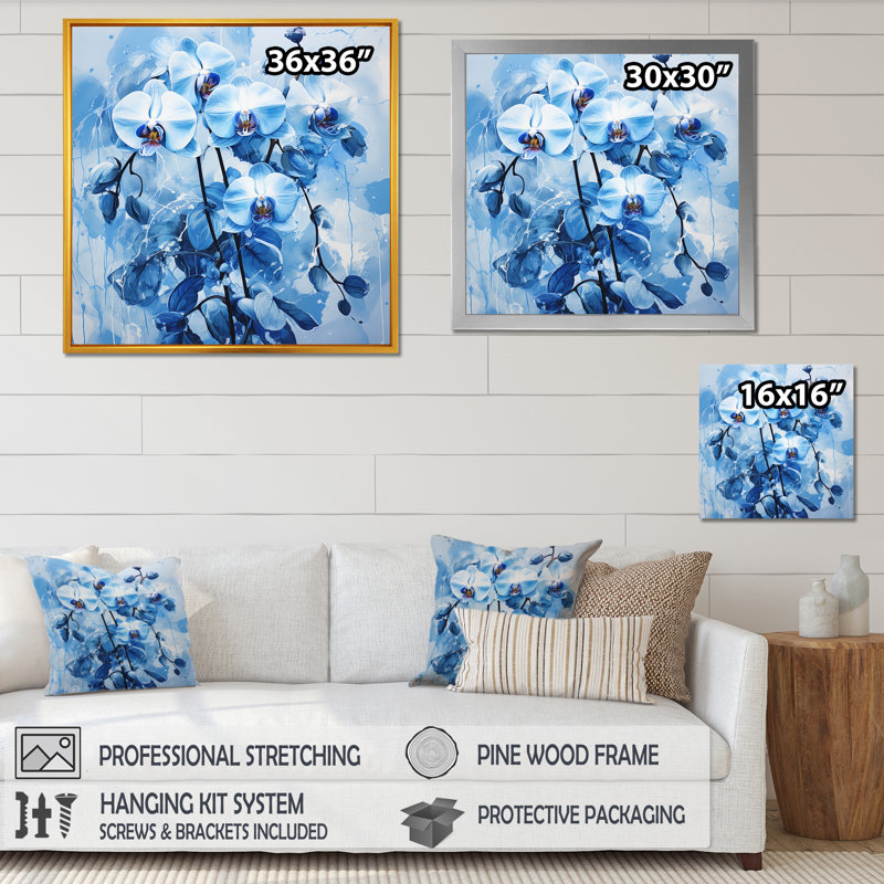 Fleurs d'orchidées bleues dans une délicate abstraction II, Cadre doré simple, H 36 po x l 36 po x P 1,5 po