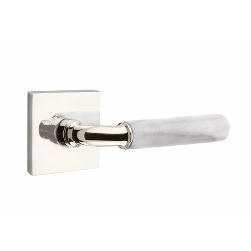 Select Privacy (Bed & Bath) Door Lever with Square Rosette, Polished Nickel/White Marble, Right