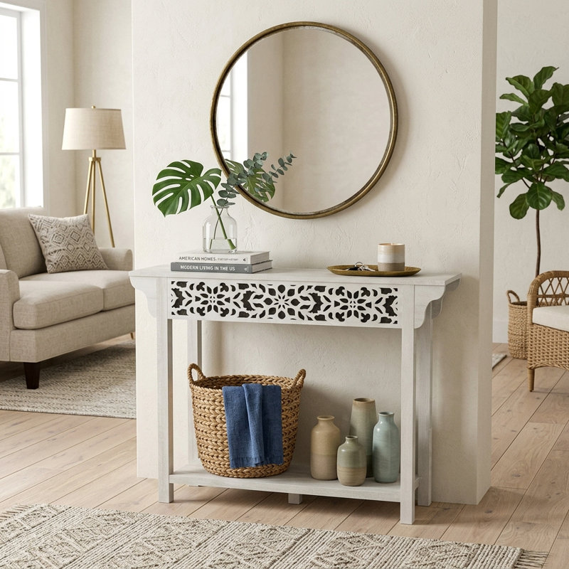 Ariba Traditional 43.3" W Decorative Cutout Entryway Console Table, Dusty Gray Oak