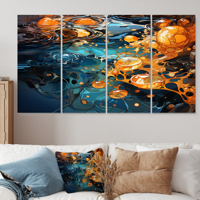 Orange And Blue River Serene Journey III - Abstract Liquid Ink 4 Piece Wall Art Canvas