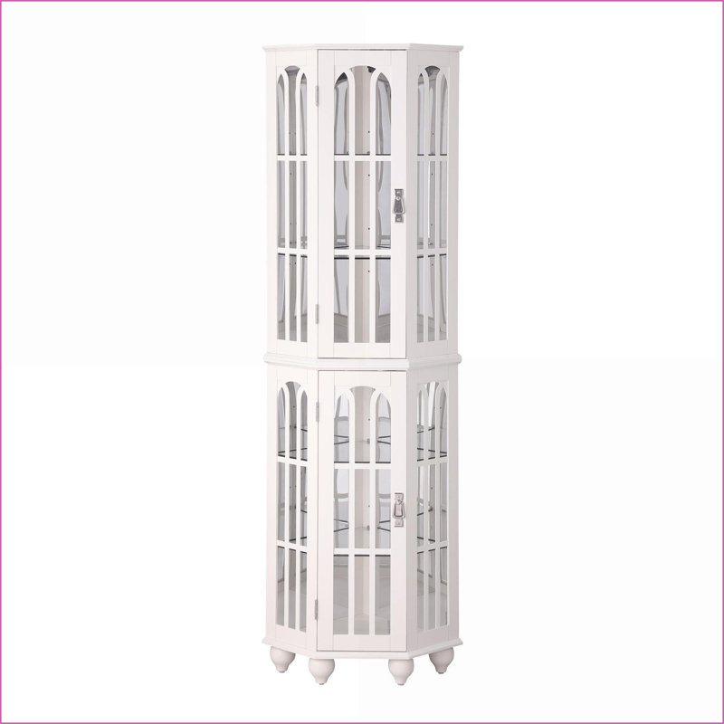 Corner Curio Cabinet with 4 Adjustable Tempered Glass Shelves, Lighting, Solid Wood Legs &amp; Mirrored Back | MDF+glass,Solid Wood+MDF | Shabby Chic