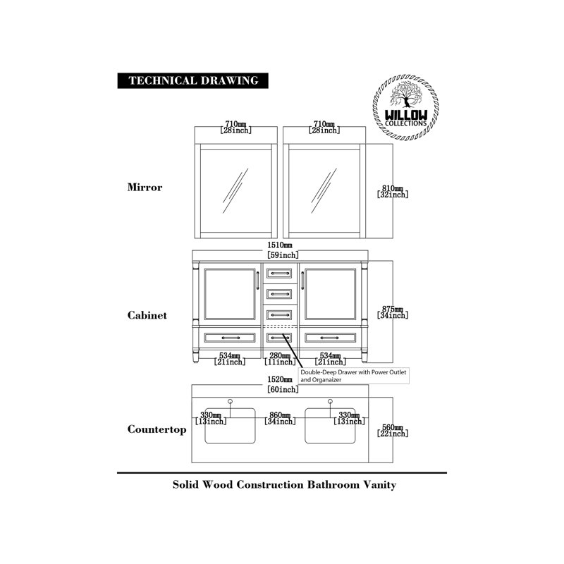 Aberdeen 60'' Double Bathroom Vanity with Top, Calacatta Laza