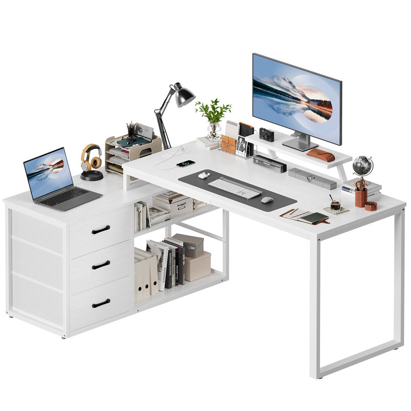 L-Shaped Metal Base Computer Desk, White, White