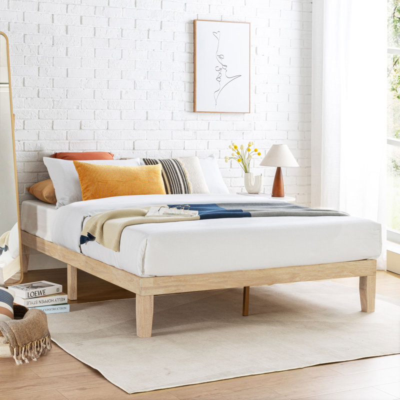 Lit plateforme en bois massif Harlow, Grand, Blanc délavé