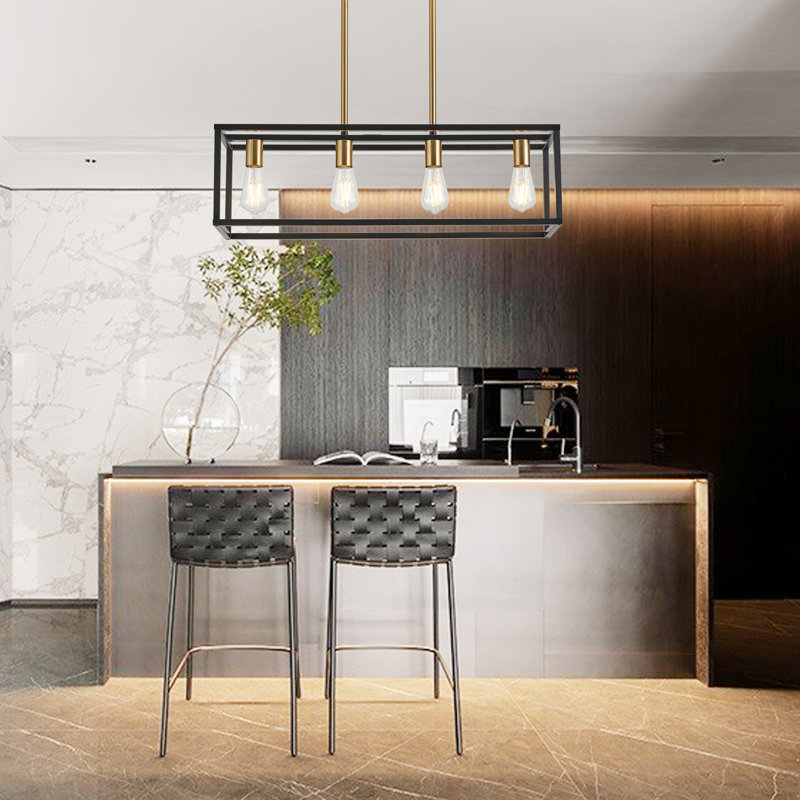 Luminaire suspendu linéaire pour îlot de cuisine 4 lumières Bigyan, Noir mat / laiton brossé