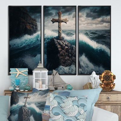 Bluffton, croix religieuse dans l'océan, «Breaking Waves II», reproduction sur toile 3 pièces