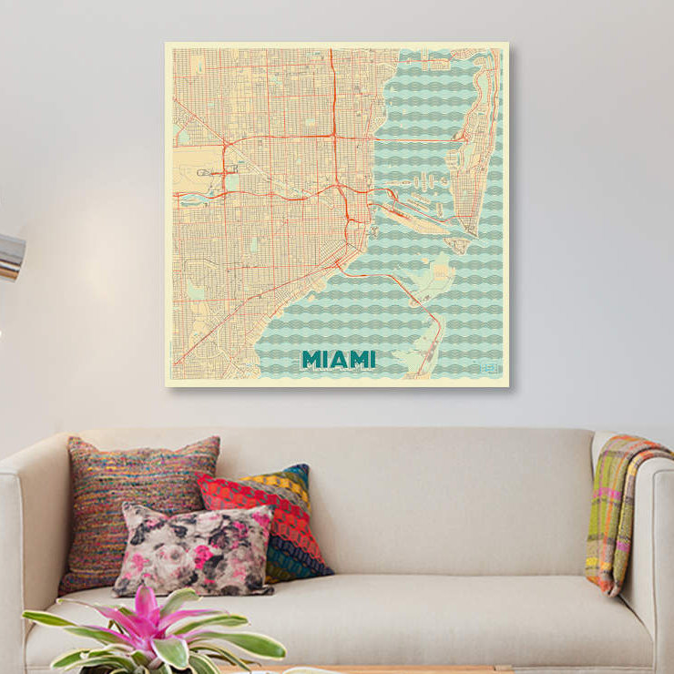 « miami rétro urban blueprint map », reproduction d’impression sur toile, H 37 po x l 37 po x P 1,5 po, Toile tendue
