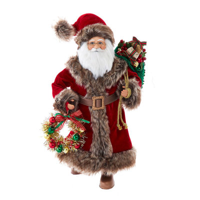 Père Noël rouge de 17 pouces avec fourrure grise + couronne / sac Kurt Adler