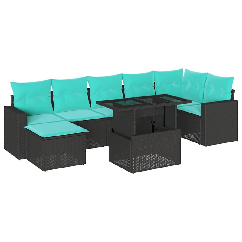 Ensemble de canapé de patio 8 pièces avec coussins en rotin de polyester, Bleu clair, Noir
