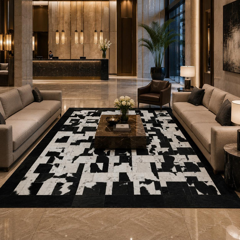 Tapis en cuir de vache noir et blanc fait à la main, tapis en cuir véritable, 3 x 5 pi