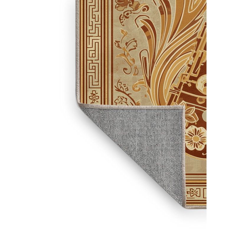 Tapis oriental brun et beige à motif de saxophone Oweda lavable à la machine, 7x9