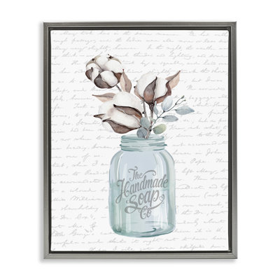 Art mural sur toile flottant à la main avec pot de savon et fleur de coton gris par lettré et doublé