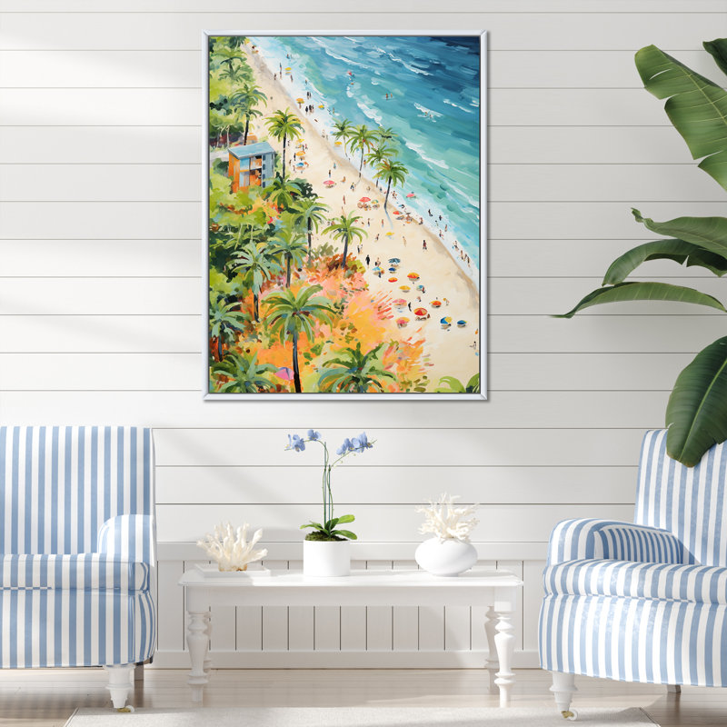 «Pastel Color Coastal Beach Scene Paradise I», art mural plage, Cadre flottant blanc, H 32 po x l 24 po
