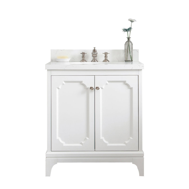 Queen 30" Sink Carrara Quartz Countertop Bath Vanity with Faucet, Pure White, Waterfall