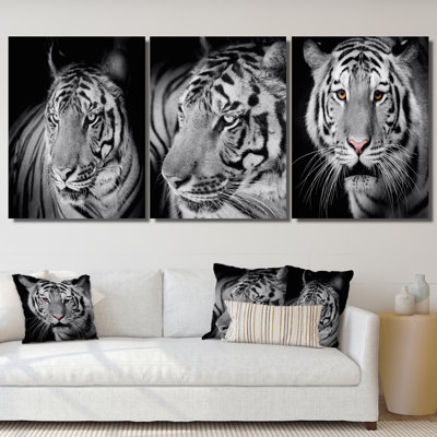 Portrait monochrome d'un tigre blanc VI - ensemble d'art traditionnel de 3 pièces